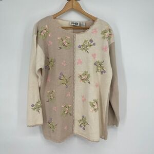 Vintage Floral Embroidered Knit Sweater Beige Cream Size M Grandma‎ Core Cottage